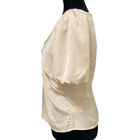 ASTR Satin Puff Sleeve Ruched Deep V Blouse Champagne Boho Top Small NWT - Picture 5 of 10